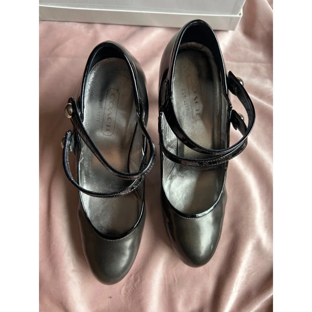 Coach Lizza Heels Women's Size 8.5 Gunmetal Good Double Strap Mary Jane - Picture 2 of 9